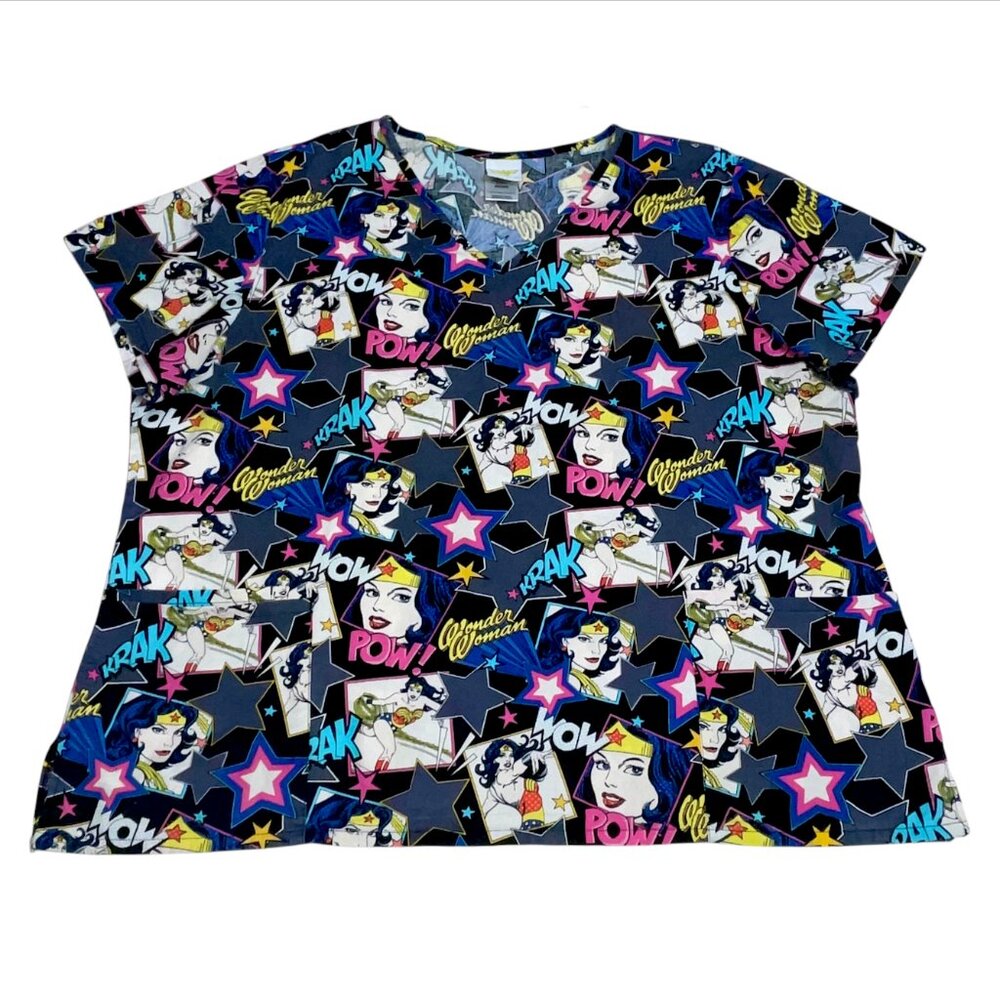 Wonder Woman Scrub Top Shirt Plus Size 2XL - 3XL Black Gray Nurse Vet Tech Xray